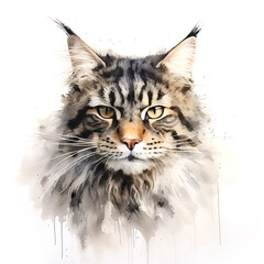 Watercolor painting of main coon cat head on a clean background. Pet. Animals. Illustration, Generative AI. - obrazy, fototapety, plakaty