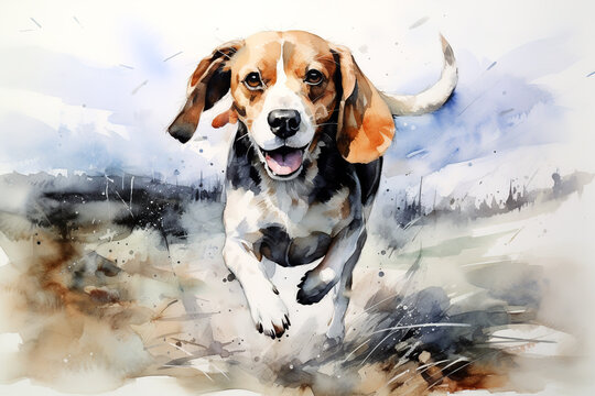 Watercolor painting of beagles dog running on a clean background. Pet. Animals. Illustration, Generative AI.