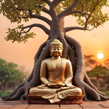 Happy vesak day or buddha purnima Buddha sitting under bodhi tree on sunset background-Magha Puja