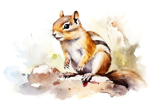 Watercolor painting of chipmunk on a clean background. Wildlife Animals. Illustration, Generative AI.