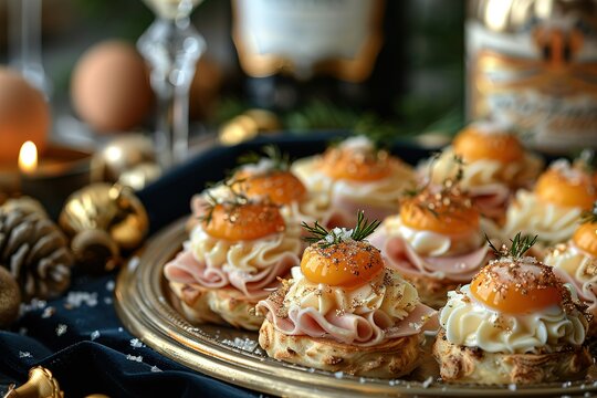 A photo of small, delicate with an egg and ham on top