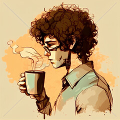 person with coffee, An young architect having cup of tea, having stress, with curly hairs, illustrated cartoon profile, iilustration, portrait illustration