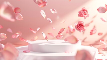 Elegant display backdrop with a surprise gift box, falling rose petals, and a luxurious presentation of cosmetic products for Valentine's or International Women's Day. 3D illustration.