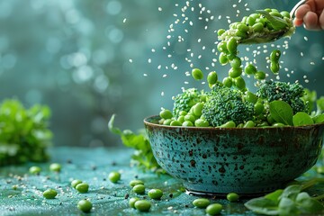 A bowl of green vegetables, including broccoli and peas