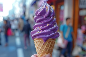 A hand holds a purple ice cream cone with a swirl in the air, blurred people are walking in the background