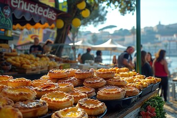 A table full of pastries and cakes with a crowd of people around it