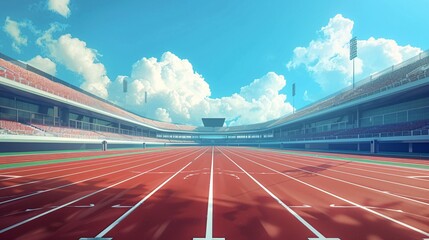 Illustrative background showcasing a sports-themed athletics stadium with a track finish view. - obrazy, fototapety, plakaty