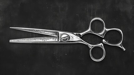 black and white illustration of antique hair stylist scissors  - obrazy, fototapety, plakaty