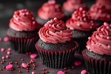 close up of pink and red sprinkles on chocolate valentine cupcakes,