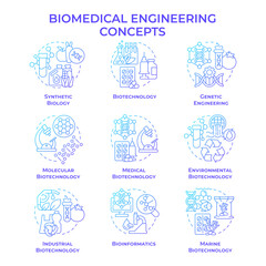 Biomedical engineering blue gradient concept icons. Biotech fields. Academic disciplines. Icon pack. Vector images. Round shape illustrations. Abstract idea. Easy to use in presentation