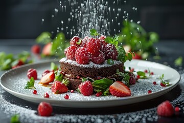 food photography, a white plate with salad and chocolate cake on it flying in the air on a black background - Powered by Adobe