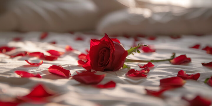 Romantic Bedroom Decor Concept with Rose Petals and Focus on Single Red Rose