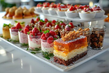 A table with white plates of different types of mini cakes