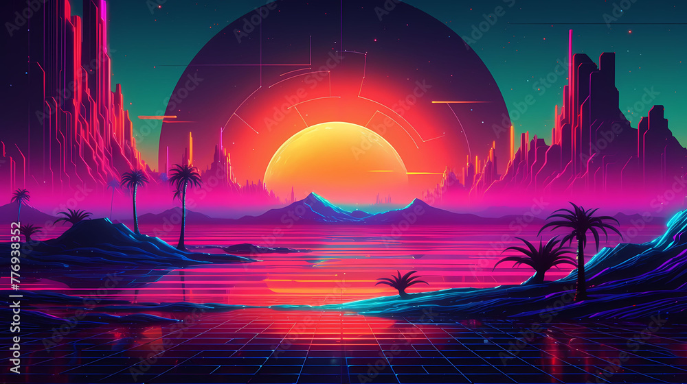 Wall mural The scene is a retro futuristic synthwave-styled mountain landscape with a sunset in the background. Cyberpunk dreamscape.