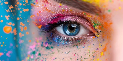 Zoomed-in image of woman's eye featuring vibrant, diverse cosmetic design inspired by the traditional Holi celebration, captured in a studio setting.