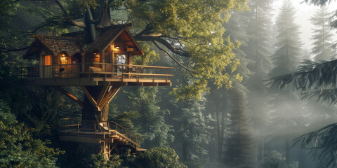 Sylvan Oasis: Charming Treehouse Haven in Lush Forest Surroundings - obrazy, fototapety, plakaty
