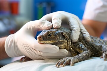 A lizard undergoing a check-up at the veterinary clinic, with the vet's hands gently handling the reptile