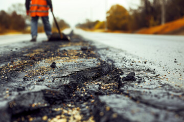 Worker resurfacing asphalt road