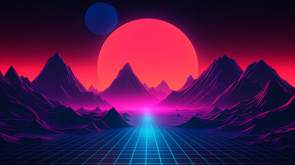 This is a 1980s retro sci-fi futuristic grid landscape. This grid landscape is well-suited for use in cover design and as a banner for retro wave music. - obrazy, fototapety, plakaty
