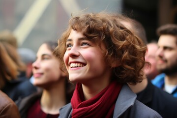 
Close-up of a young woman's face expressing joy after participating in the voting process