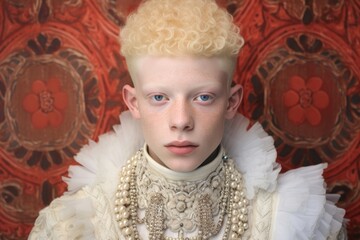 A young albino man, adorned in regal attire, portraying a prince from a bygone era with a modern twist