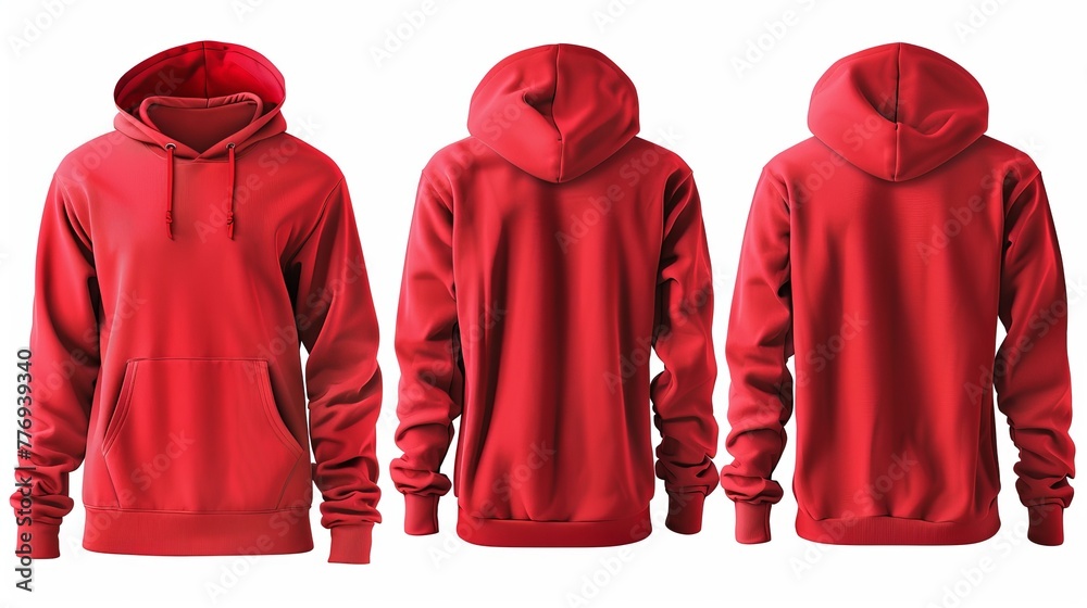 Wall mural Red hooded sweatshirt. Men's long sleeve hoodie isolated on white background.