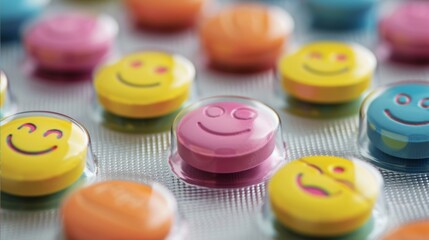 A collection of cheerful, smiley-faced pills in a variety of colors is sealed within blister packaging. The design suggests a lighthearted approach to medication