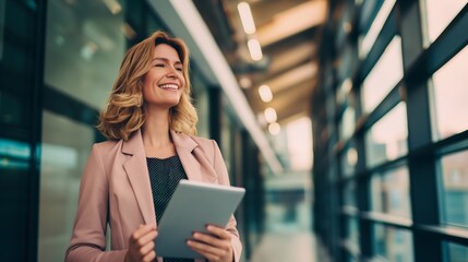 Fototapeta premium Portrait of a businesswoman making notes on her tablet. Smiling and looking confident caucasian woman in a corporate office hall.