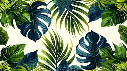 Vintage pastel seamless pattern featuring a green and black split-leaf Philodendron plant with vines on a white background. - obrazy, fototapety, plakaty