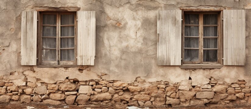 A Cat Rests Comfortably On The Ground Between Two Windows On The Side Of A Tall Building