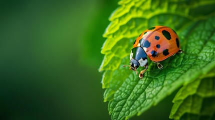 Obraz premium A ladybugs spotted shell crawling along a vibrant green leaf