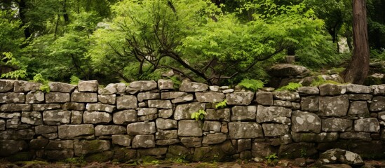 A detailed view of a textured stone wall with a lush tree in the distant background - Powered by Adobe