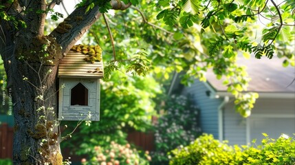 From the Garden, a House Stands Majestic, Its Presence Graced by a Traditional Nesting Box on a Tree