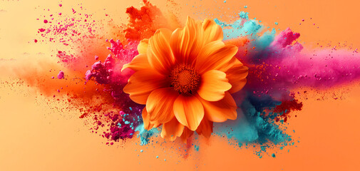 A colorful flower with a splash of color. The flower is orange. a vibrant and lively feel to it. light orange background, in the middle of an explosion of colored powder there is a orange flower