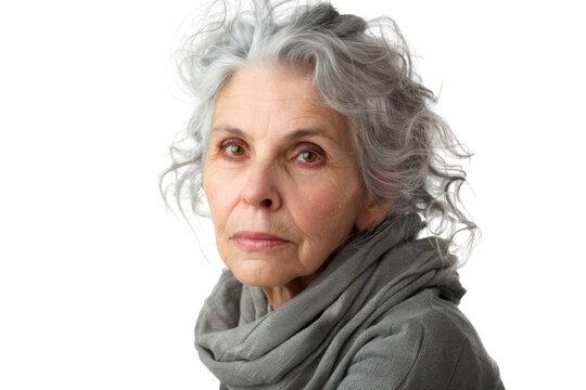 Studio portrait of a beautiful old mature Caucasian Americana woman in casual look with an attractive smile, isolated on transparent png background.