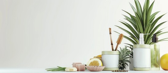 Tropical aromatic body treatment container arrange with fresh lemongrass turmeric and beautiful succulent tillandsia on white background with copy space. 3D render - obrazy, fototapety, plakaty