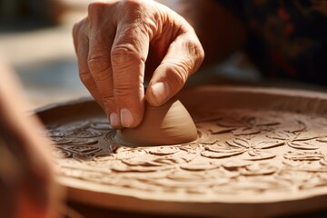 Fototapeta na wymiar Shot of a potter's hands applying pressure to a clay stamp, capturing the tactile nature and hands-on approach of DIY ceramics.