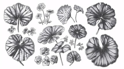 Monochrome botanical illustration set of gotu kola Centella asiatica plant leaf. Graphic design elements for labeling, packaging, and menus. Engraved aesthetic. - obrazy, fototapety, plakaty