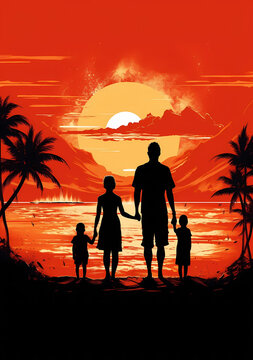 Couple on the beach at sunset. A poster depicts a jubilant family lounging on the seashore as the sun sets in the afternoon.