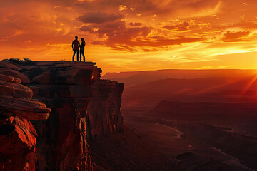 Couple standing on a cliff overlooking a dramatic sunset