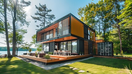 Sustainable Lakeside Living: Modern Shipping Container House on a Sunny Day