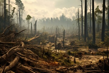 
Picture of a wildlife habitat destroyed by deforestation, underscoring the loss of biodiversity and habitat for countless species - obrazy, fototapety, plakaty