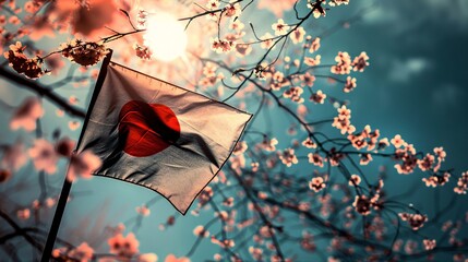The Japanese flag and sakura flowers. - obrazy, fototapety, plakaty