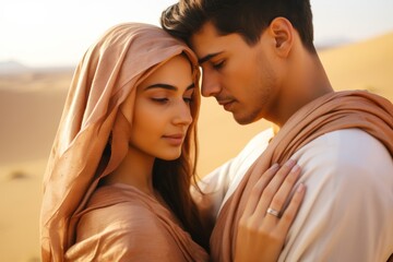 Bedouin couple, young and in love, in pastel brown attire, holding each other close with the golden...