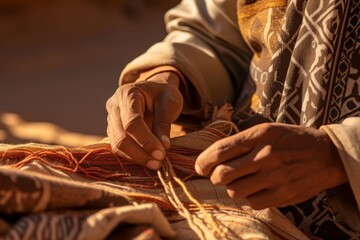 Close-up of a young Bedouin man's hands, skillfully weaving intricate patterns into his pastel brown robes, a testament to his craftsmanship and heritage