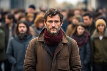 Portrait of a European man, about 40 years old, standing on the street in a crowd, holding his stomach due to cramps - obrazy, fototapety, plakaty
