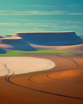 An illustration of a person walking across a desert landscape with sand dunes in the background.