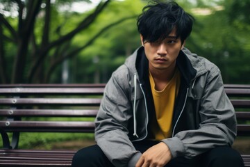 Portrait of a young Asian man, about 20 years old, sitting on a bench in the park, holding his stomach due to cramps - obrazy, fototapety, plakaty
