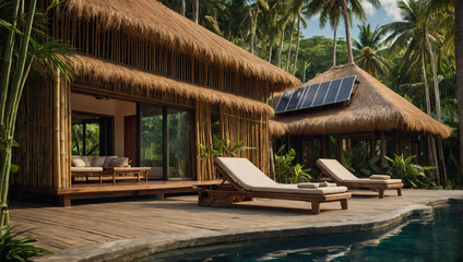 Bamboo-clad tropical retreat with solar panels woven into its thatched roof, embodying sustainable luxury in an exotic locale.