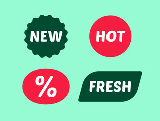 Modern price tag set of New, Hot, Sale, Fresh. Vector retail grocery shop stickers. Badges of special offer, promotion, discount, product arrival